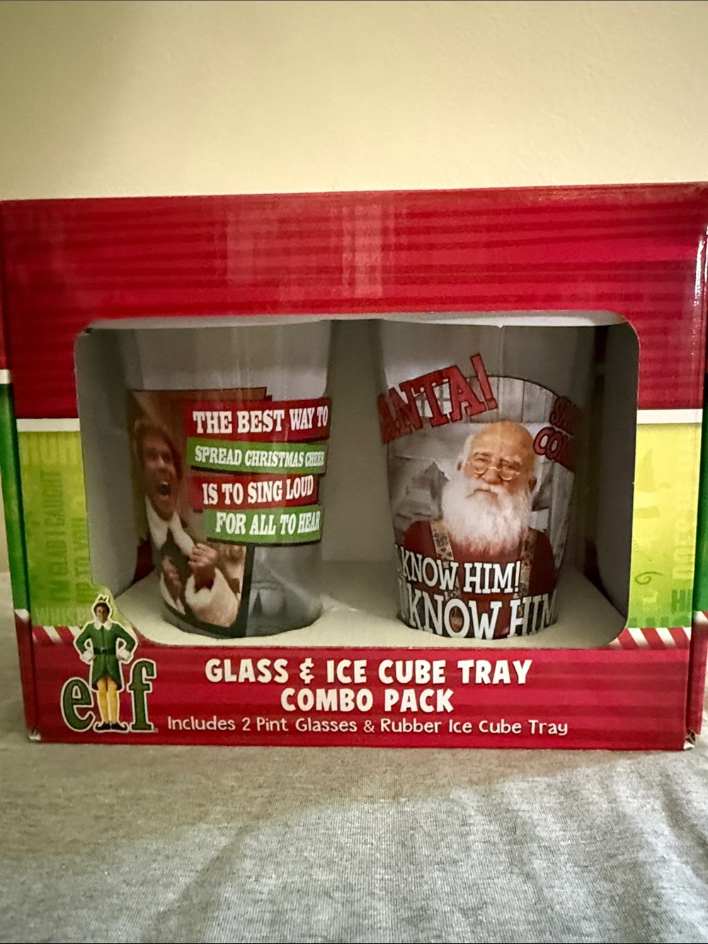 ELF Festive Holiday Pint Glasses & Green Ice Cube Tray Set